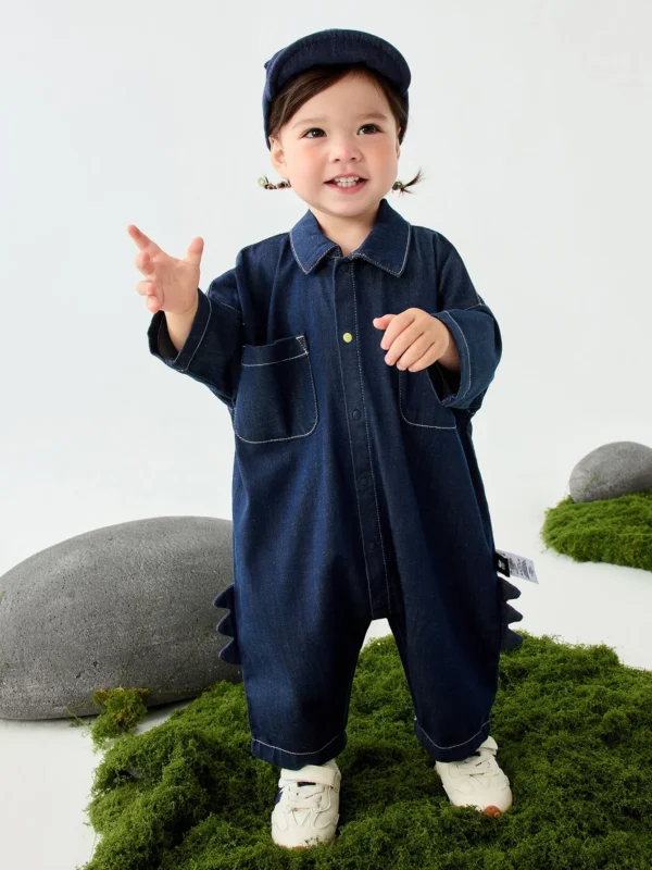 Dino Pals Soft Denim Baby Jumpsuit