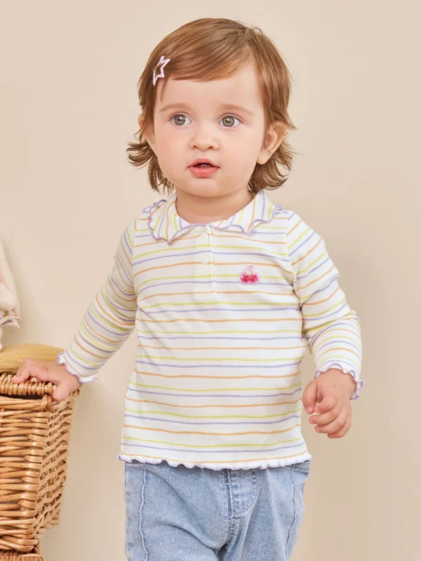 Cherry Stripe Ruffle Collar Tee